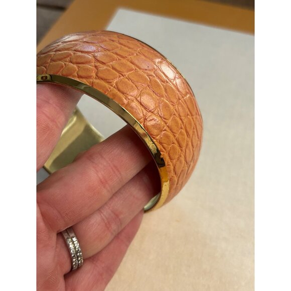 Gold-Tone Wide Bangle Bracelet With Faux Croc Embossed Orange Leather Design - Picture 5 of 7